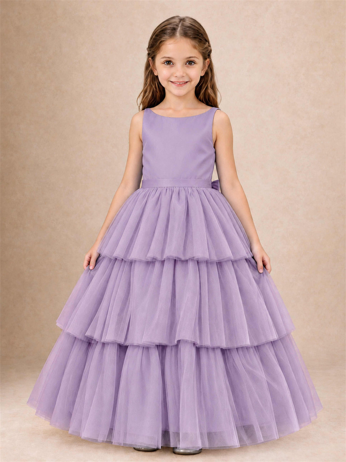 Tiered Tulle Flower Girl Dress Bateau Neck Sleeveless Long Kids Princess Gown for Wedding Party