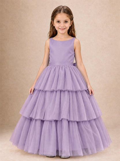 Tiered Tulle Flower Girl Dress Bateau Neck Sleeveless Long Kids Princess Gown for Wedding Party