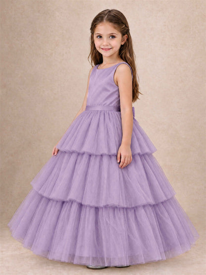 Tiered Tulle Flower Girl Dress Bateau Neck Sleeveless Long Kids Princess Gown for Wedding Party