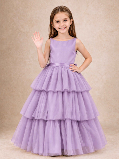 Tiered Tulle Flower Girl Dress Bateau Neck Sleeveless Long Kids Princess Gown for Wedding Party