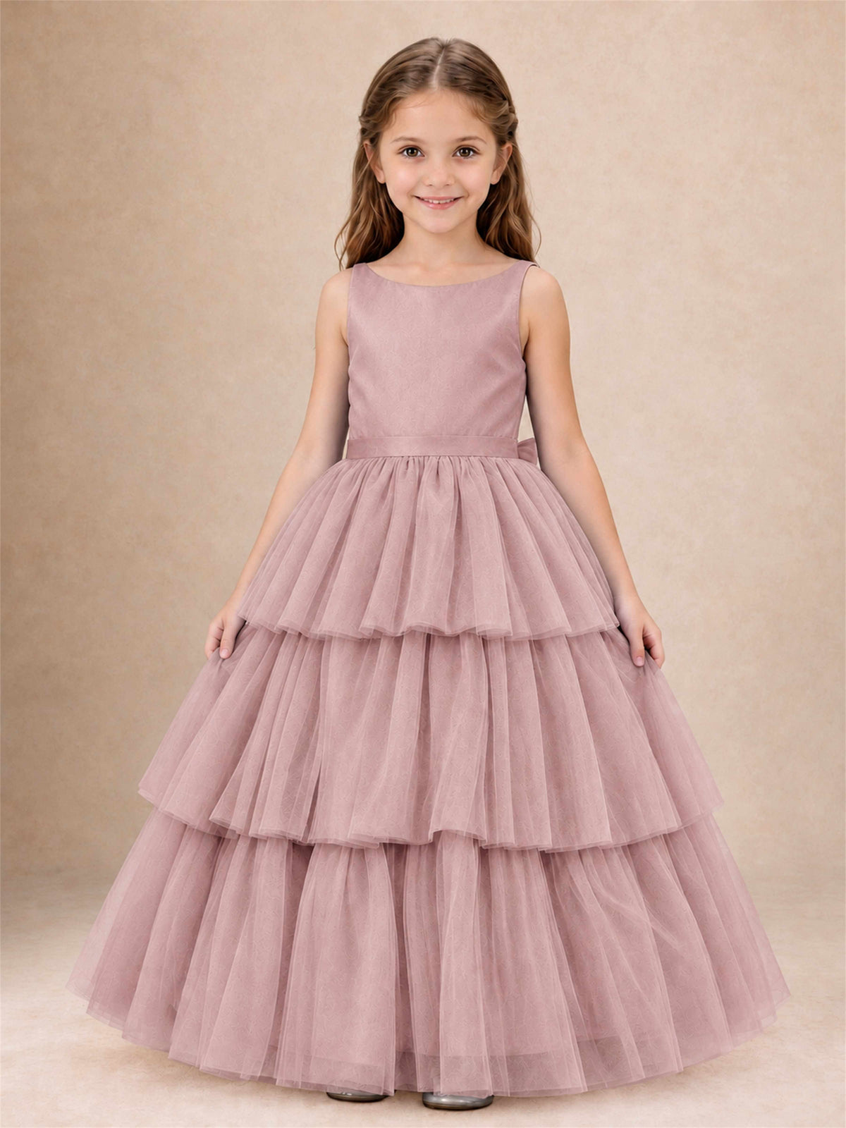 Tiered Tulle Flower Girl Dress Bateau Neck Sleeveless Long Kids Princess Gown for Wedding Party