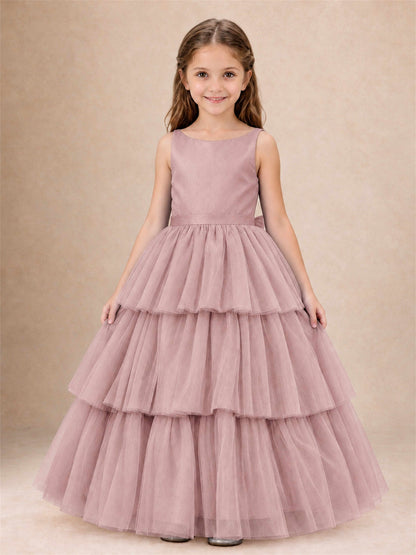 Tiered Tulle Flower Girl Dress Bateau Neck Sleeveless Long Kids Princess Gown for Wedding Party