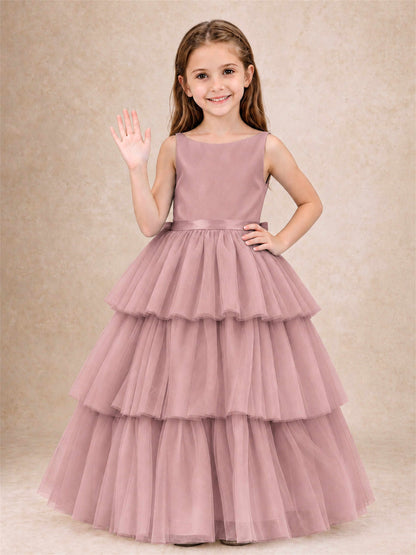 Tiered Tulle Flower Girl Dress Bateau Neck Sleeveless Long Kids Princess Gown for Wedding Party