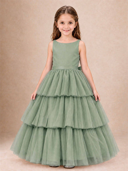 Tiered Tulle Flower Girl Dress Bateau Neck Sleeveless Long Kids Princess Gown for Wedding Party
