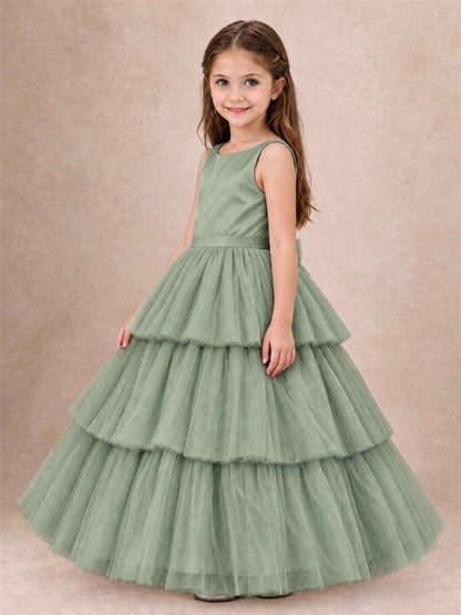 Tiered Tulle Flower Girl Dress Bateau Neck Sleeveless Long Kids Princess Gown for Wedding Party