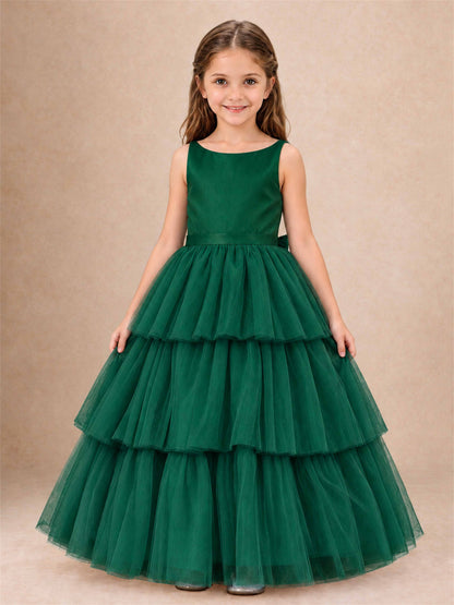Tiered Tulle Flower Girl Dress Bateau Neck Sleeveless Long Kids Princess Gown for Wedding Party