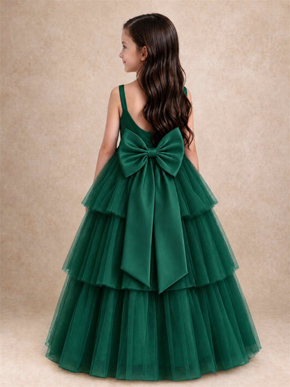 Tiered Tulle Flower Girl Dress Bateau Neck Sleeveless Long Kids Princess Gown for Wedding Party