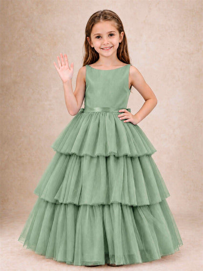 Tiered Tulle Flower Girl Dress Bateau Neck Sleeveless Long Kids Princess Gown for Wedding Party