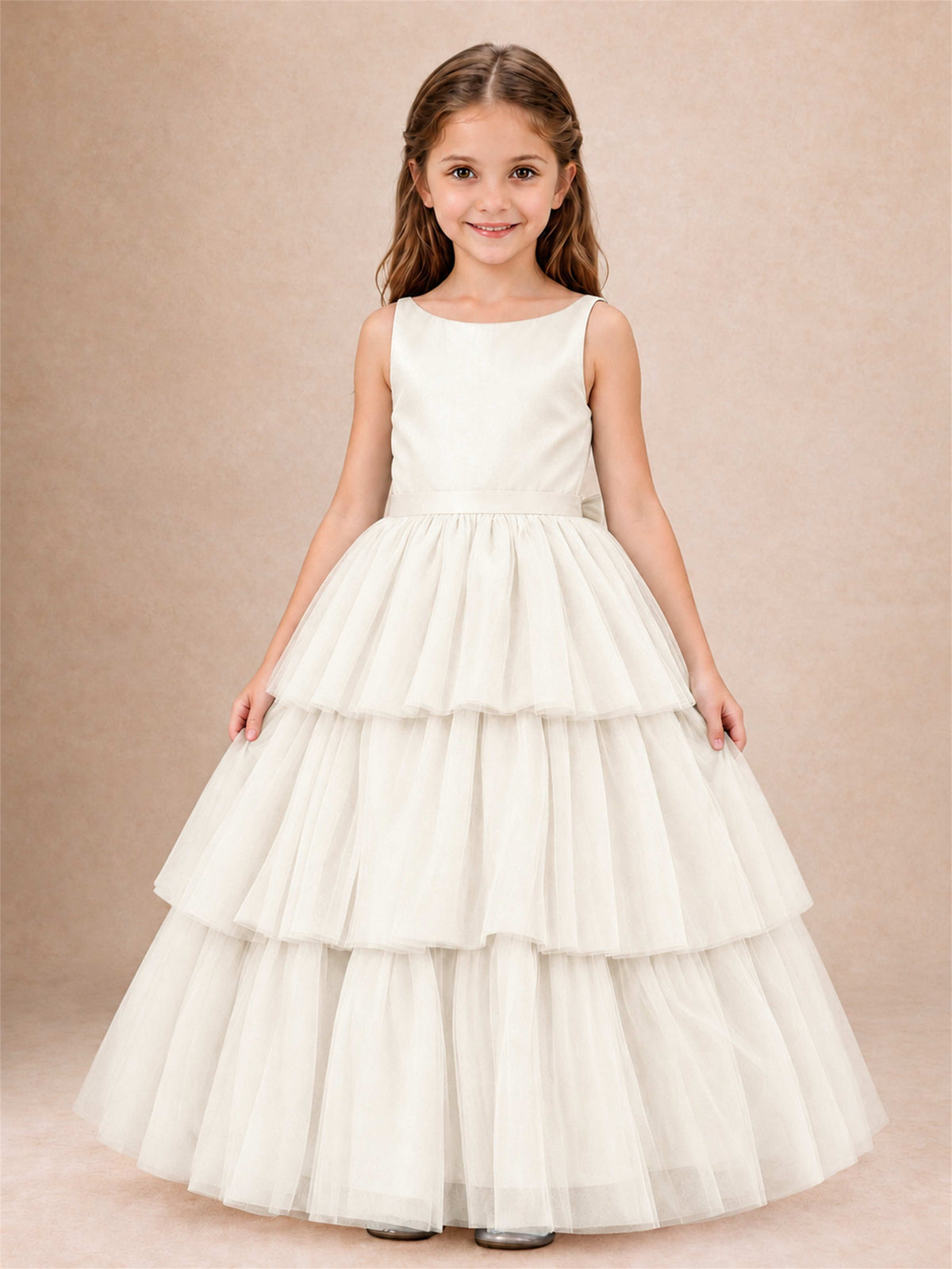 Tiered Tulle Flower Girl Dress Bateau Neck Sleeveless Long Kids Princess Gown for Wedding Party