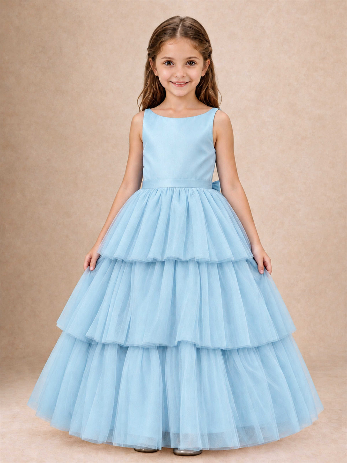 Tiered Tulle Flower Girl Dress Bateau Neck Sleeveless Long Kids Princess Gown for Wedding Party