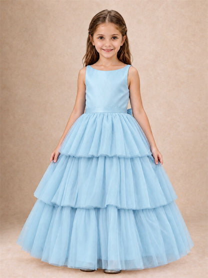 Tiered Tulle Flower Girl Dress Bateau Neck Sleeveless Long Kids Princess Gown for Wedding Party