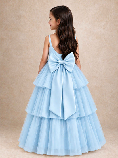 Tiered Tulle Flower Girl Dress Bateau Neck Sleeveless Long Kids Princess Gown for Wedding Party