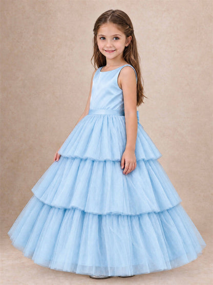 Tiered Tulle Flower Girl Dress Bateau Neck Sleeveless Long Kids Princess Gown for Wedding Party