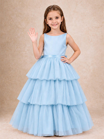 Tiered Tulle Flower Girl Dress Bateau Neck Sleeveless Long Kids Princess Gown for Wedding Party