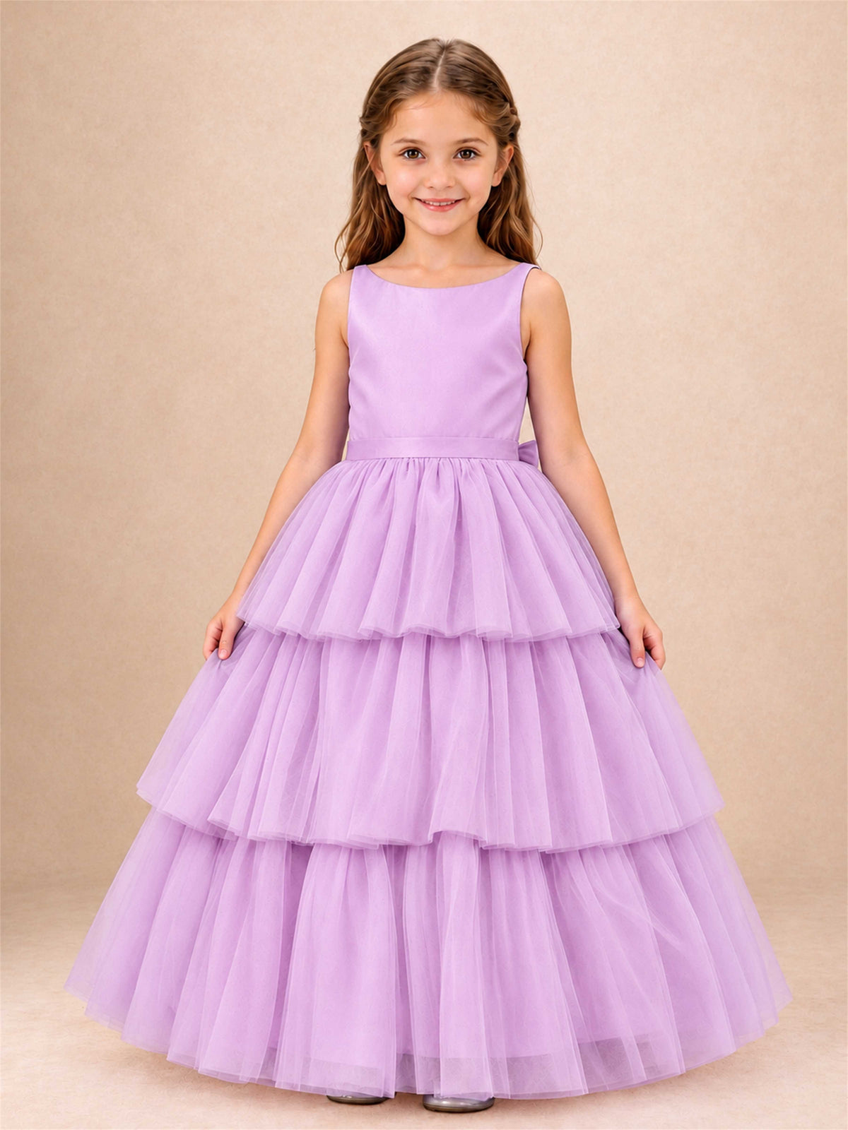 Tiered Tulle Flower Girl Dress Bateau Neck Sleeveless Long Kids Princess Gown for Wedding Party