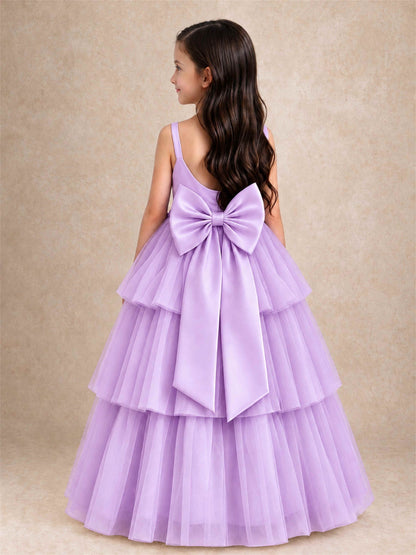 Tiered Tulle Flower Girl Dress Bateau Neck Sleeveless Long Kids Princess Gown for Wedding Party