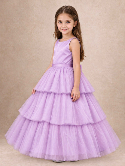 Tiered Tulle Flower Girl Dress Bateau Neck Sleeveless Long Kids Princess Gown for Wedding Party