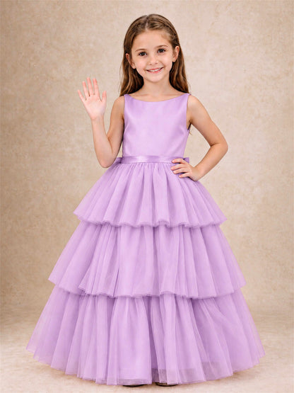 Tiered Tulle Flower Girl Dress Bateau Neck Sleeveless Long Kids Princess Gown for Wedding Party