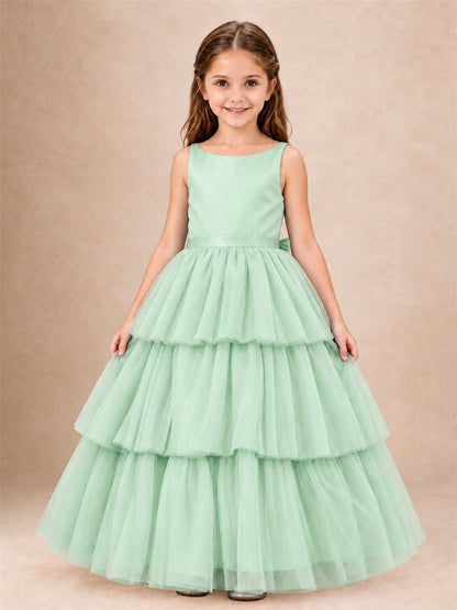 Tiered Tulle Flower Girl Dress Bateau Neck Sleeveless Long Kids Princess Gown for Wedding Party
