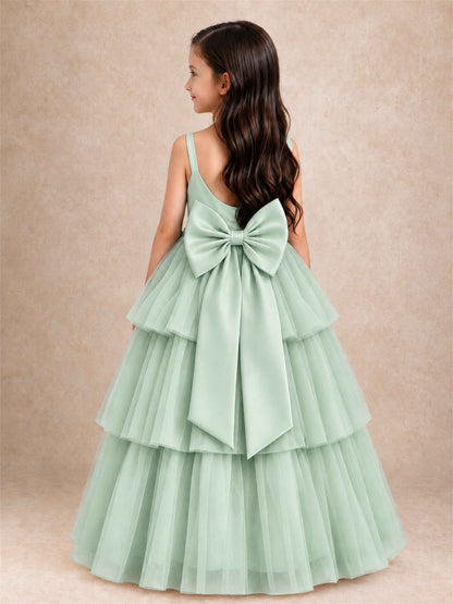 Tiered Tulle Flower Girl Dress Bateau Neck Sleeveless Long Kids Princess Gown for Wedding Party