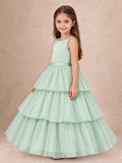 Tiered Tulle Flower Girl Dress Bateau Neck Sleeveless Long Kids Princess Gown for Wedding Party
