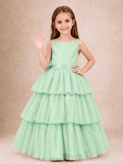 Tiered Tulle Flower Girl Dress Bateau Neck Sleeveless Long Kids Princess Gown for Wedding Party