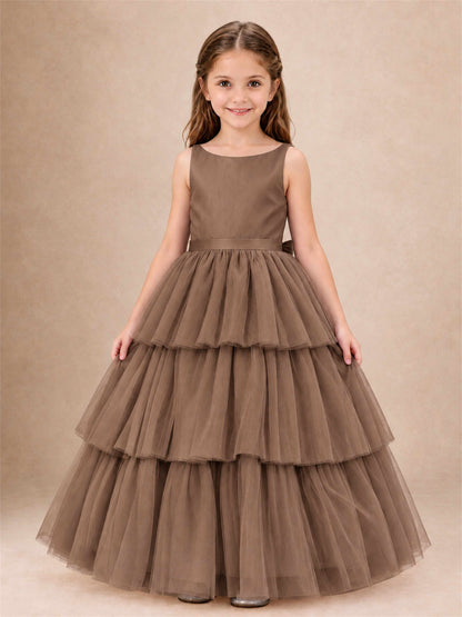 Tiered Tulle Flower Girl Dress Bateau Neck Sleeveless Long Kids Princess Gown for Wedding Party
