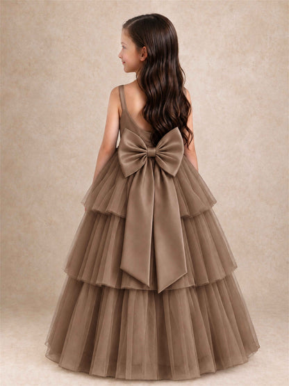 Tiered Tulle Flower Girl Dress Bateau Neck Sleeveless Long Kids Princess Gown for Wedding Party