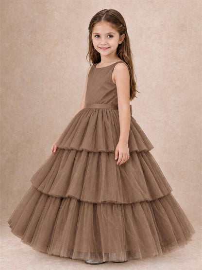 Tiered Tulle Flower Girl Dress Bateau Neck Sleeveless Long Kids Princess Gown for Wedding Party