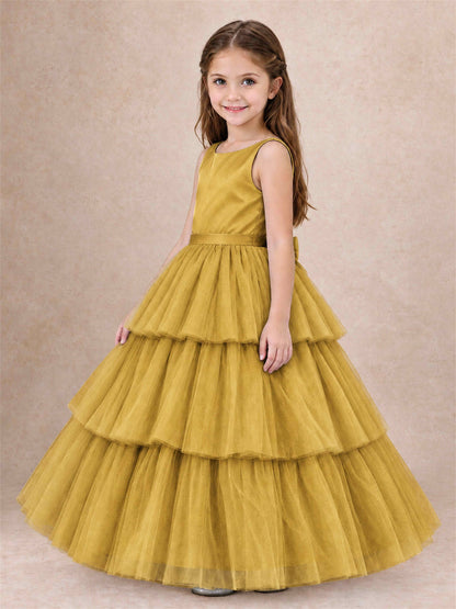 Tiered Tulle Flower Girl Dress Bateau Neck Sleeveless Long Kids Princess Gown for Wedding Party