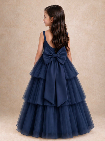 Tiered Tulle Flower Girl Dress Bateau Neck Sleeveless Long Kids Princess Gown for Wedding Party