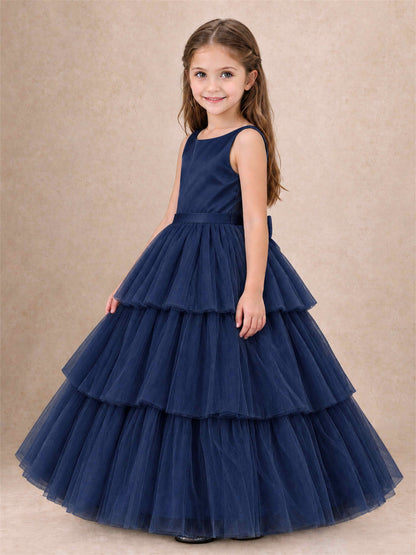 Tiered Tulle Flower Girl Dress Bateau Neck Sleeveless Long Kids Princess Gown for Wedding Party
