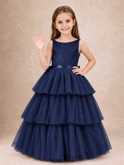 Tiered Tulle Flower Girl Dress Bateau Neck Sleeveless Long Kids Princess Gown for Wedding Party