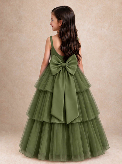 Tiered Tulle Flower Girl Dress Bateau Neck Sleeveless Long Kids Princess Gown for Wedding Party