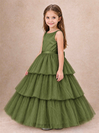 Tiered Tulle Flower Girl Dress Bateau Neck Sleeveless Long Kids Princess Gown for Wedding Party