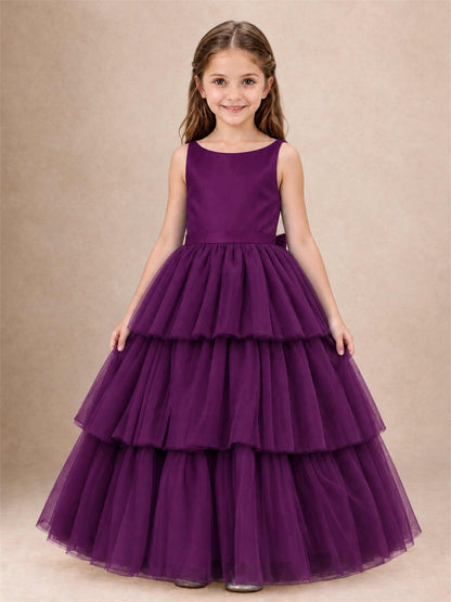 Tiered Tulle Flower Girl Dress Bateau Neck Sleeveless Long Kids Princess Gown for Wedding Party