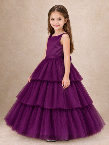 Tiered Tulle Flower Girl Dress Bateau Neck Sleeveless Long Kids Princess Gown for Wedding Party