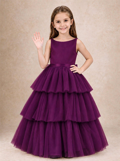 Tiered Tulle Flower Girl Dress Bateau Neck Sleeveless Long Kids Princess Gown for Wedding Party