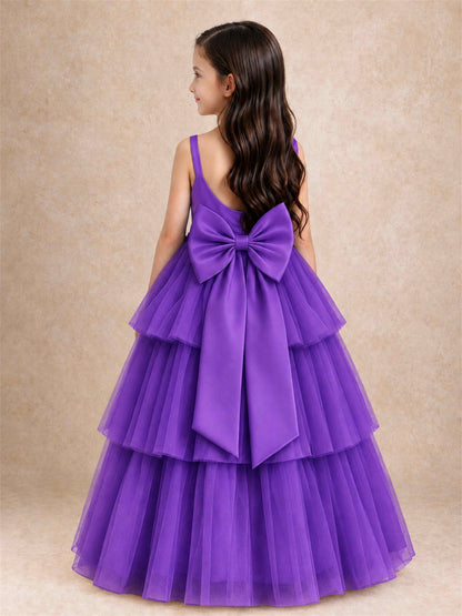 Tiered Tulle Flower Girl Dress Bateau Neck Sleeveless Long Kids Princess Gown for Wedding Party