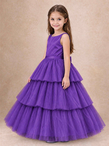 Tiered Tulle Flower Girl Dress Bateau Neck Sleeveless Long Kids Princess Gown for Wedding Party