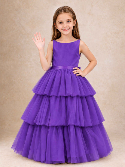 Tiered Tulle Flower Girl Dress Bateau Neck Sleeveless Long Kids Princess Gown for Wedding Party