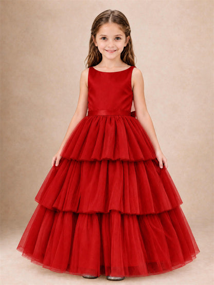 Tiered Tulle Flower Girl Dress Bateau Neck Sleeveless Long Kids Princess Gown for Wedding Party