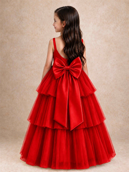 Tiered Tulle Flower Girl Dress Bateau Neck Sleeveless Long Kids Princess Gown for Wedding Party