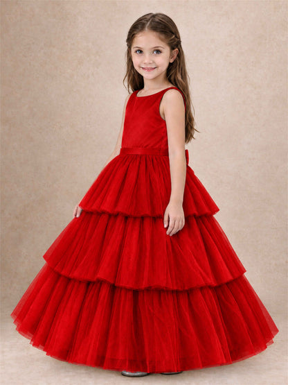 Tiered Tulle Flower Girl Dress Bateau Neck Sleeveless Long Kids Princess Gown for Wedding Party