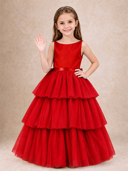 Tiered Tulle Flower Girl Dress Bateau Neck Sleeveless Long Kids Princess Gown for Wedding Party