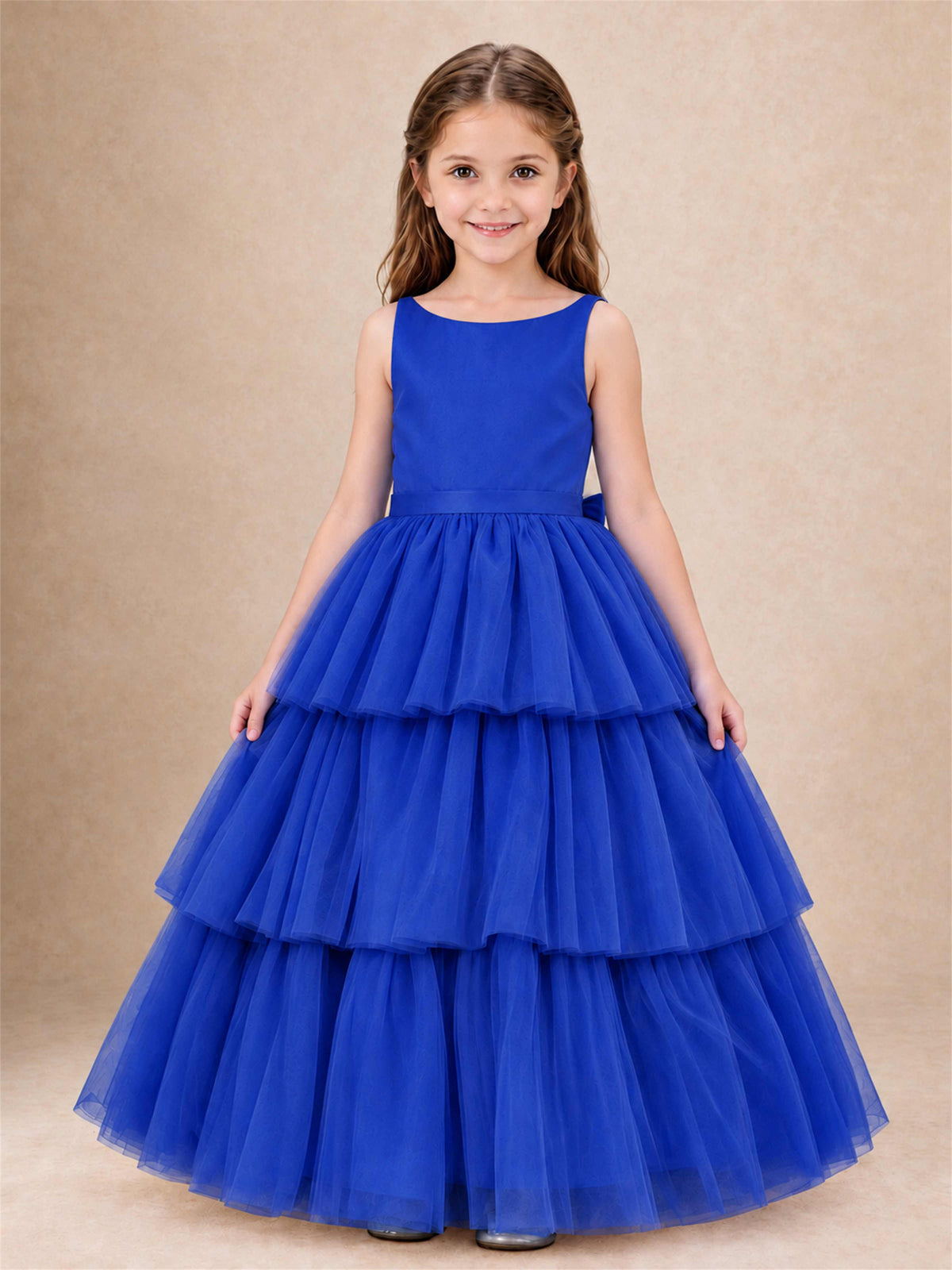Tiered Tulle Flower Girl Dress Bateau Neck Sleeveless Long Kids Princess Gown for Wedding Party