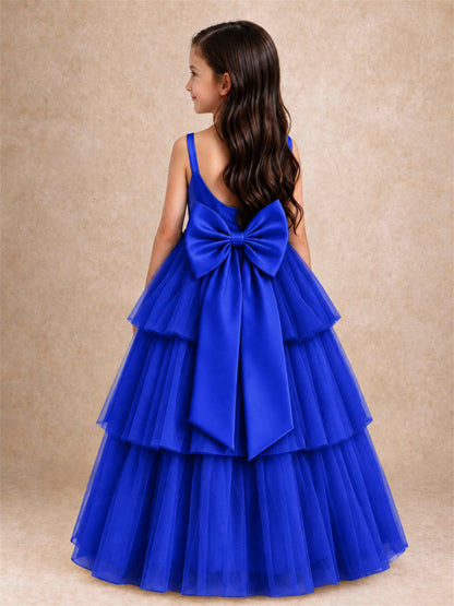 Tiered Tulle Flower Girl Dress Bateau Neck Sleeveless Long Kids Princess Gown for Wedding Party