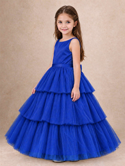 Tiered Tulle Flower Girl Dress Bateau Neck Sleeveless Long Kids Princess Gown for Wedding Party