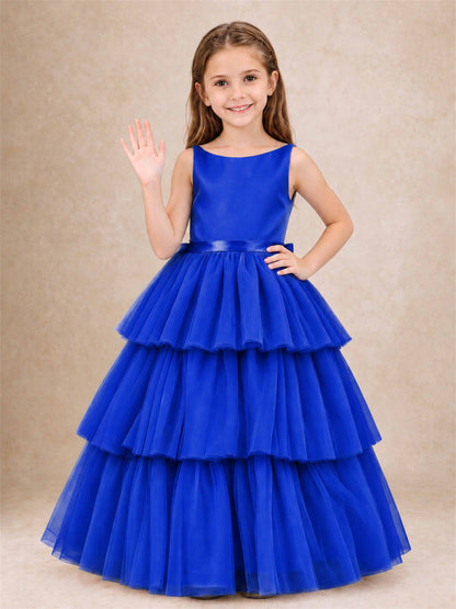 Tiered Tulle Flower Girl Dress Bateau Neck Sleeveless Long Kids Princess Gown for Wedding Party