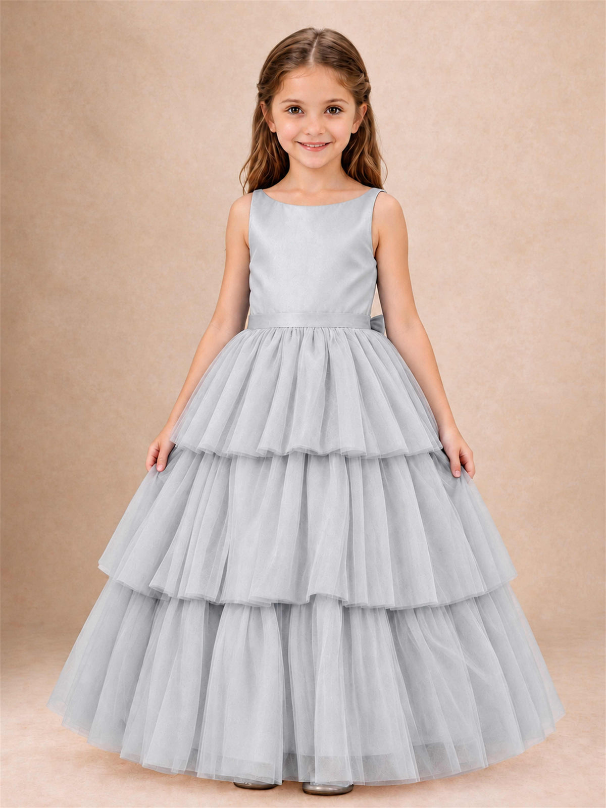 Tiered Tulle Flower Girl Dress Bateau Neck Sleeveless Long Kids Princess Gown for Wedding Party